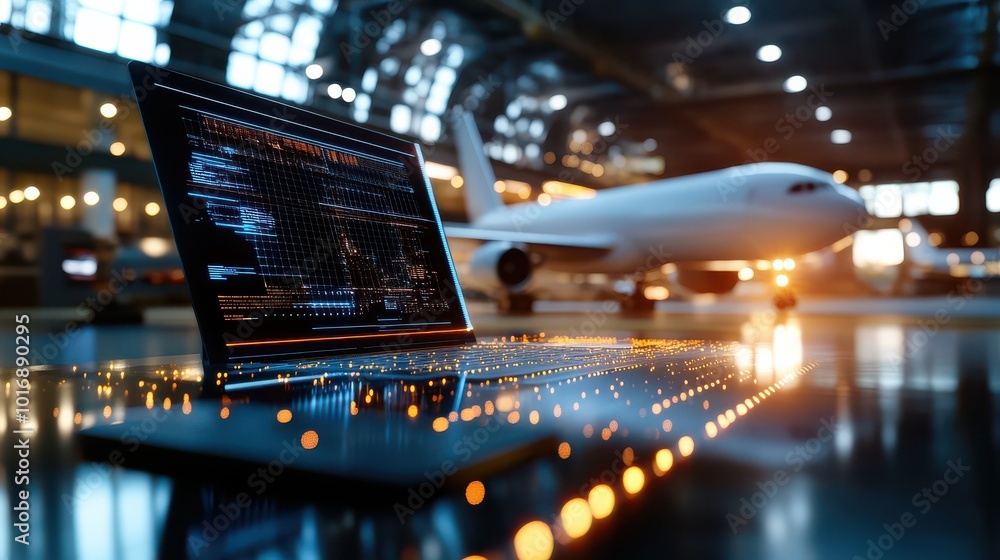 Poster digital workspace with airplane in background