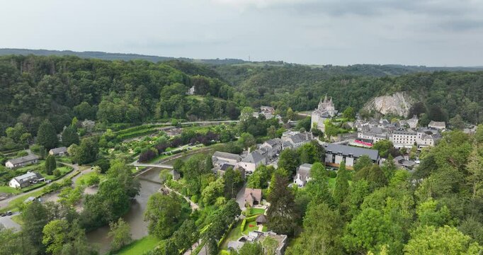 Aerial drone video on Durbuy in the Belgian province of Luxembourg at the Ardennes , the Condroz and the Famenne. Durbuy Castle, Ourthe river and city overview.