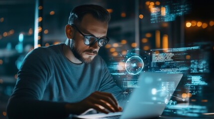 Double exposure Data scientists. Man programmer using laptop analyzing and development at various information on futuristic virtual interface screen. Algorithm. marketing and deep learning of artifici