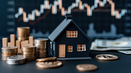 A miniature house sits among stacks of coins and cryptocurrency, set against a financial chart background, This image can be used for real estate, investment, and finance topics,
