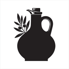 In this minimalist black linear sketch, a glass bottle jug is shown holding olive oil silhouette on white background
