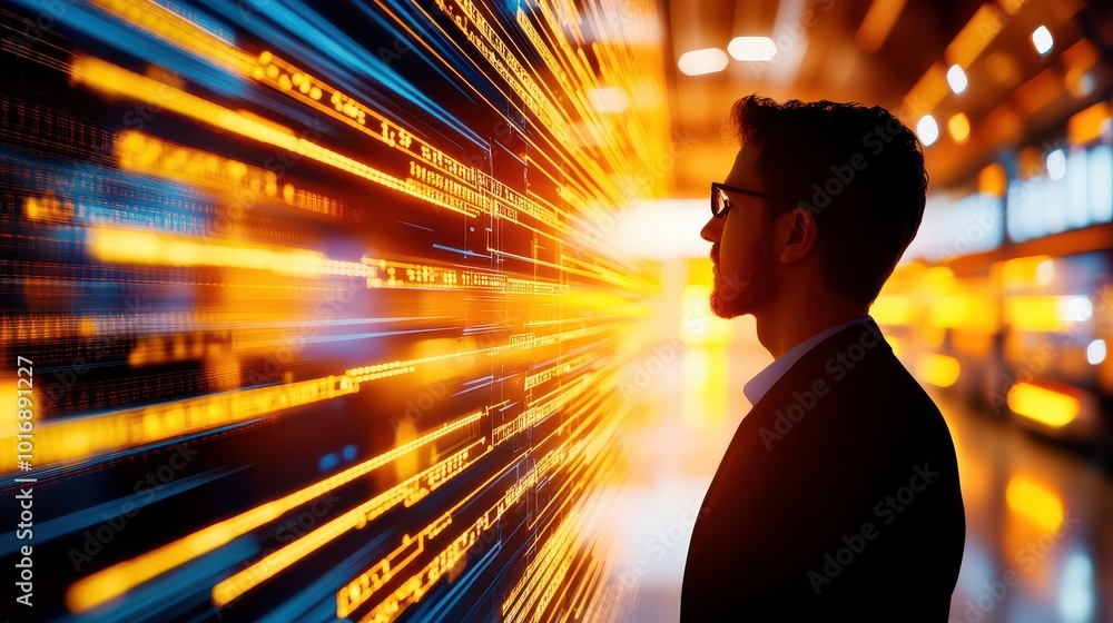 Poster silhouette of manager in dynamic digital environment