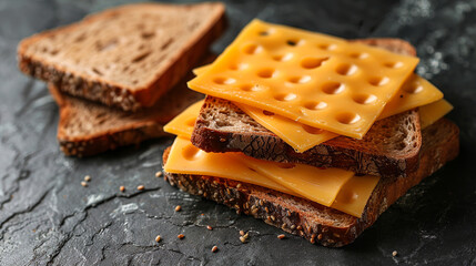 Simple snack showcasing slices of cheese on bread, presented on a rustic wooden board