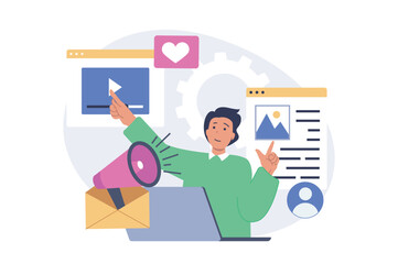 Social media concept in modern flat design for web. Man posting new photos and videos, promoting his blog with marketing tools, attracting new followers, sharing information. Vector illustration.