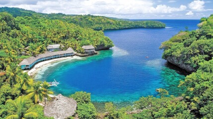 Tropical Paradise with Clear Blue Water and Green Hills