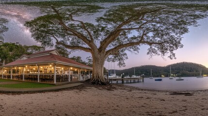 Serene Waterfront Dining with Starry Sky Above