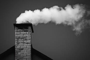 Brick chimney is releasing white smoke into a dark sky