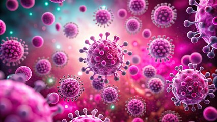 Microscopic organisms dividing and multiplying in bright pink environment