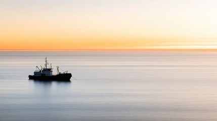 Fototapeta premium Tranquil Sunset Over Calm Sea with Fishing Vessel