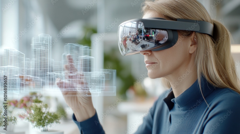 Poster a virtual reality architect using virtual reality headset to designing a digital cityscape with 3d h