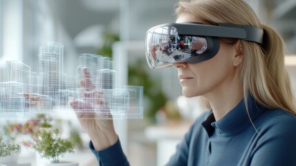 A virtual reality architect using virtual reality headset to designing a digital cityscape with 3D holographic models