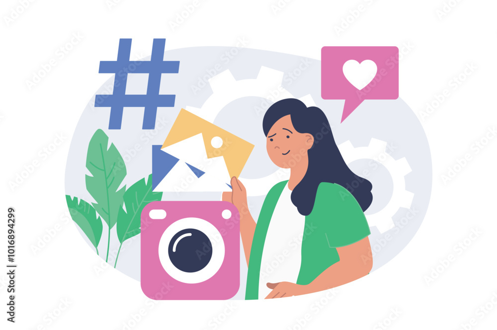 Poster social network concept in modern flat design for web. woman sharing new posts with photos, using has