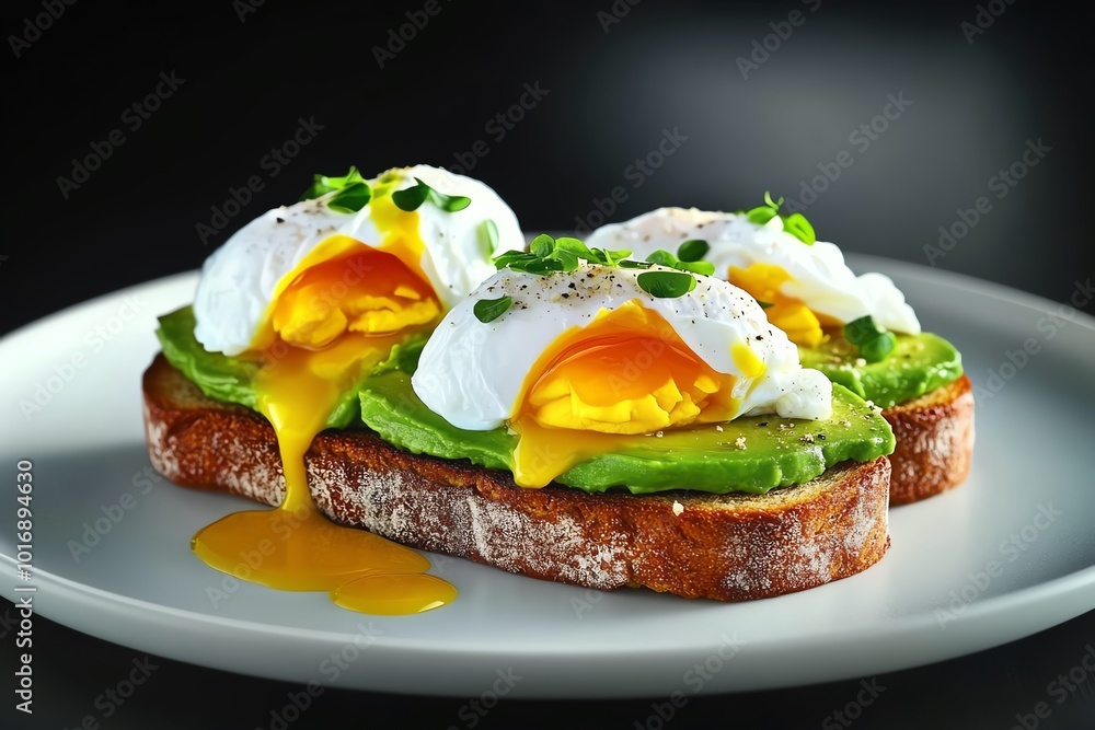 Poster hyper-realistic depiction of a plate of avocado toast topped with poached eggs, showing every detail