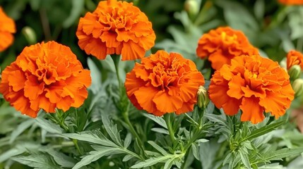 Fototapeta premium Vibrant Orange Marigold Flowers in Garden Setting