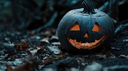 Halloween pumpkin in forest close up with black background