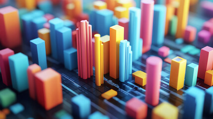 Obraz premium Vibrant and colorful 3D data visualization, with block-like structures representing various data points and trends in a modern digital setting.