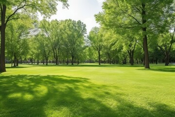 Naklejka premium Green lawn in city park under sunny light vegetation outdoors woodland.