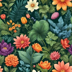 Fototapeta premium The image is a digital illustration of a variety of colorful flowers and plants