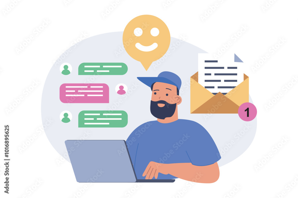 Aufkleber social network concept in modern flat design for web. man connecting online with global friends, cha