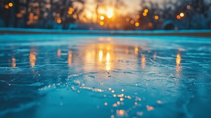 A tranquil ice rink at sunset showcases stunning reflections, creating a serene atmosphere