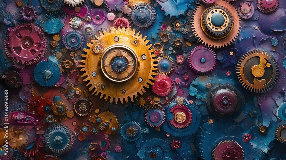 Aufkleber a vibrant assortment of colorful mechanical gears and cogs interlocked in an intricate