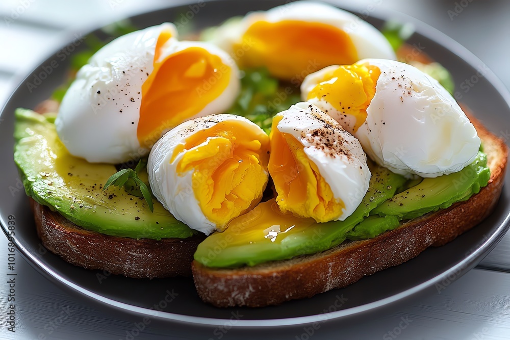 Poster hyper-realistic depiction of a plate of avocado toast topped with poached eggs, showing every detail