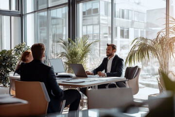 A financial advisor explaining investment strategies to clients in a bright, professional office setting.