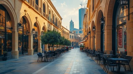 Obraz premium Pedestrian streets and exteriors of shopping mall buildings in the city