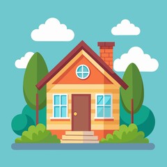 Fototapeta premium a small house in 2D style on the background of nature in a vector version