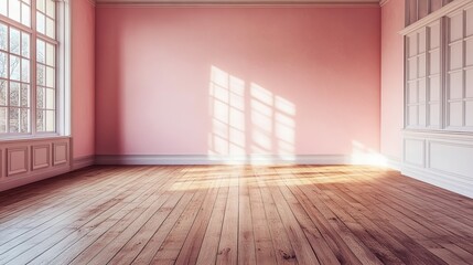 Obraz premium Empty pink room with wooden floor and window, sunlight streaming in, minimalistic interior design