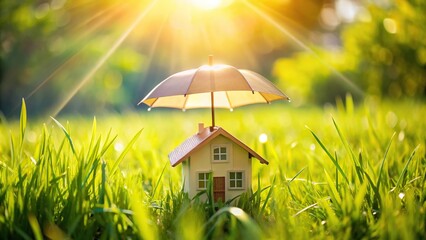 Miniature house under umbrella with green grass and sunshine in background