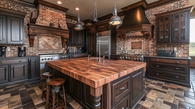 Stylish Industrial Kitchen with Exposed Brick Walls