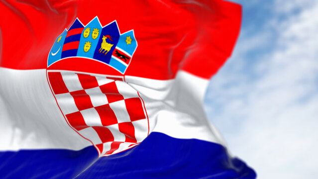 Close-up of Croatia national flag waving in the wind on a clear day