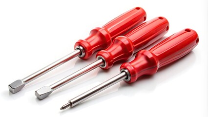 Miniature short handled screwdrivers with red handle isolated on white background