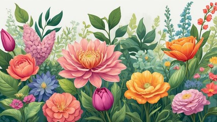 The image is a digital illustration of a variety of colorful flowers and plants