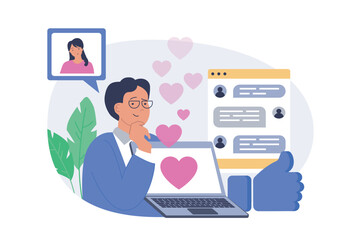 Social network concept in modern flat design for web. Man and woman communicating online in date app, sending romantic messages in chat and flirting, contacting by internet. Vector illustration.