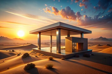 Minimal render of structure in desert at sunset with warm colors & retro futurism style