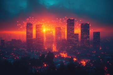 Obraz premium futuristic cityscape with glowing network connections illuminating skyscrapers against a twilight sky dynamic lines link abstract data points symbolizing smart city technology