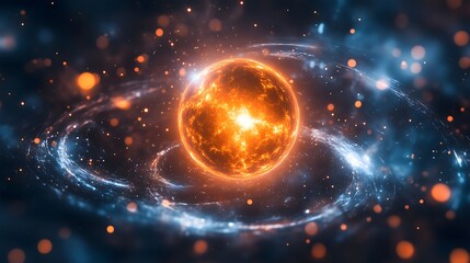 glowing sphere with intricate patterns of light and energy swirling within it, against a cosmic backdrop