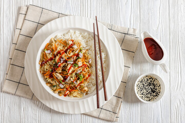 tofu egg roll in a bowl with jasmine rice