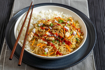 tofu egg roll in a bowl with jasmine rice