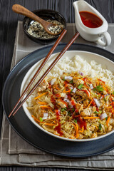 tofu egg roll in a bowl with jasmine rice