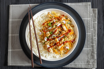 tofu egg roll in a bowl with jasmine rice