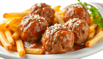 Beef meatballs and french fries. Fast food, Take away food isolated with white highlights, png