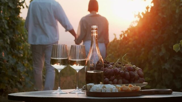 Loving couple in blur walking through vineyards holding hands at sunset. Young woman and man dating outdoors at nature having picnic with white wine bunch of grapes and cheese