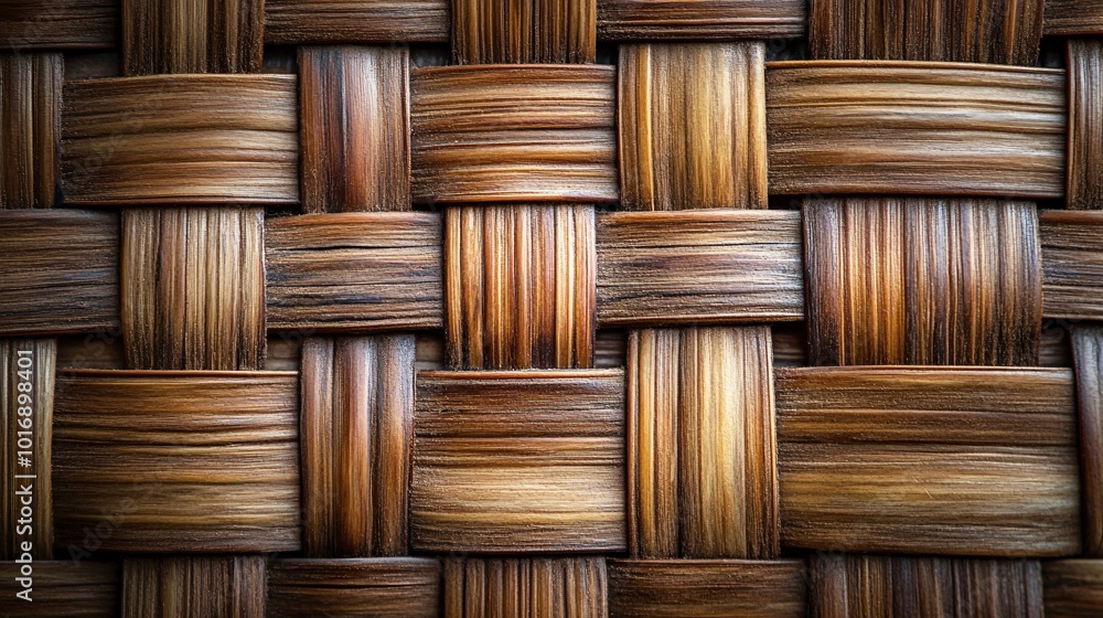 Poster close-up of woven wooden texture with interlacing patterns in warm earth tones for background or des