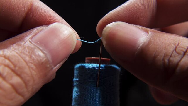 Close Up of a thread that is threaded through the eye of a needle stuck into a spool of blue thread. Needle with blue thread close-up