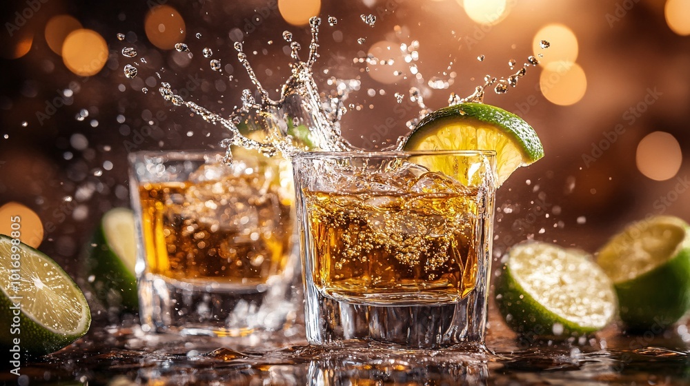 Poster refreshing whiskey cocktails with lime slices and splashing ice cubes in a vibrant bar setting