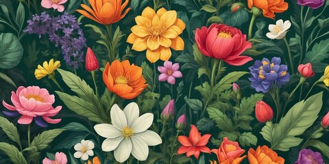 Fototapeta premium The image is a digital illustration of a variety of colorful flowers and plants