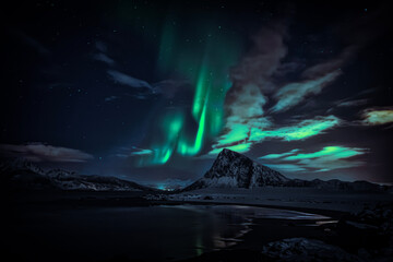 Green Northern Lights over Mt Offersoykammen, Vestvagoy, Lofoten, Lofoten and Vesteral Islands, Nordland, Norway